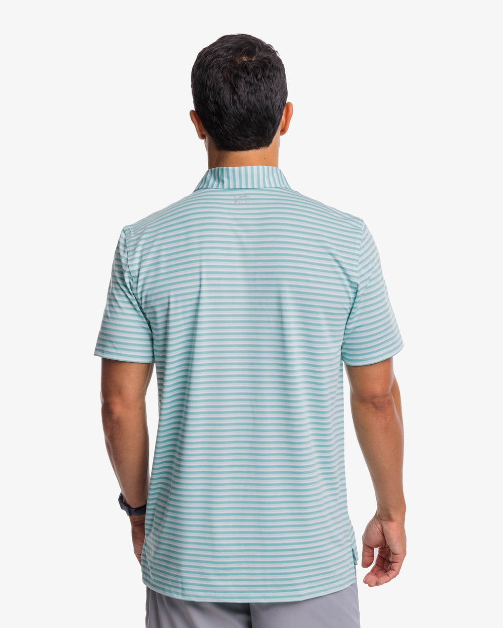 The back view of the Southern Tide Driver Gulf Stripe Polo Shirt by Southern Tide - Turquoise Sea