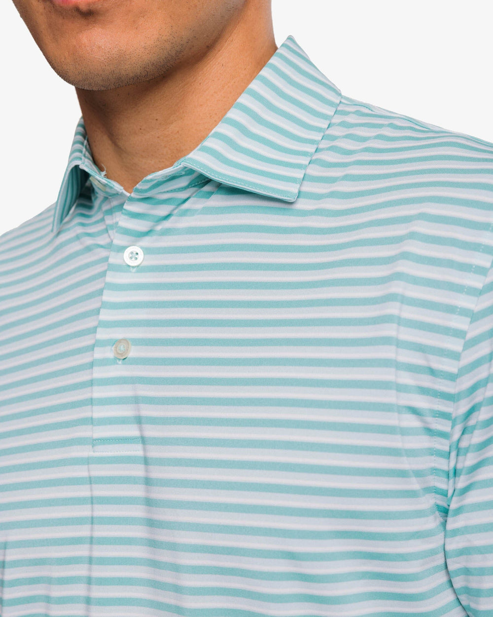 The detail view of the Southern Tide Driver Gulf Stripe Polo Shirt by Southern Tide - Turquoise Sea