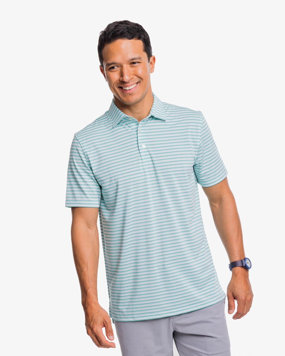 The front view of the Southern Tide Driver Gulf Stripe Polo Shirt by Southern Tide - Turquoise Sea