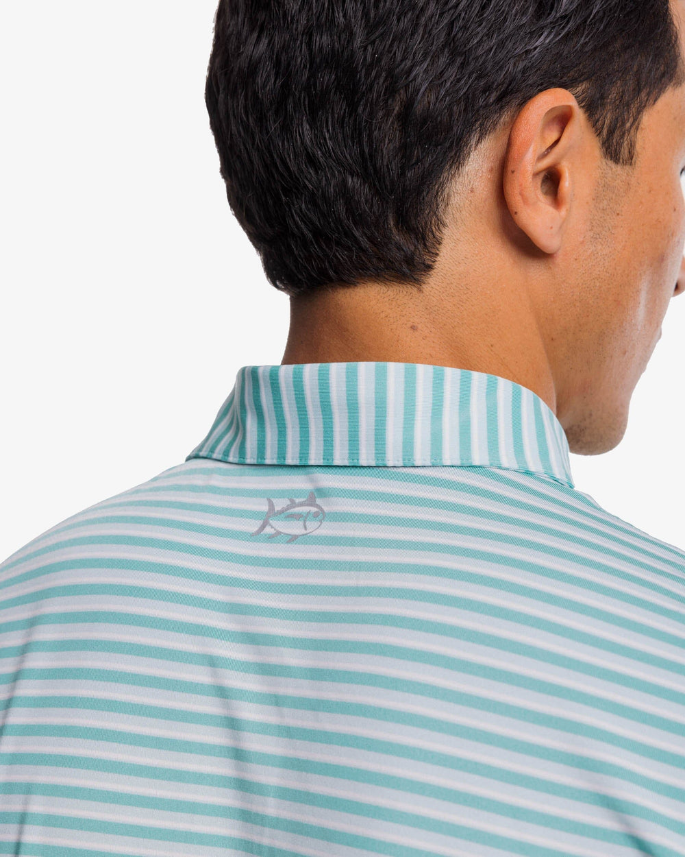 The yoke view of the Southern Tide Driver Gulf Stripe Polo Shirt by Southern Tide - Turquoise Sea