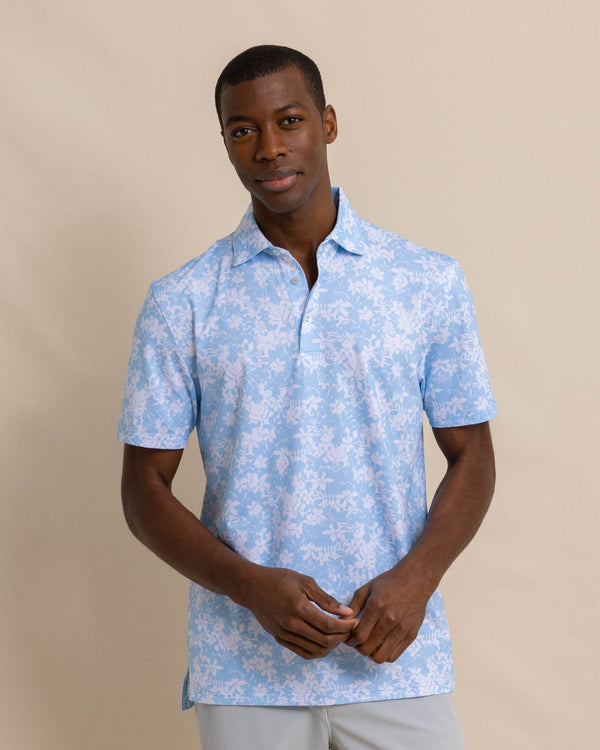 The front view of the Southern Tide Driver Island Blooms Printed Polo by Southern Tide - Clearwater Blue