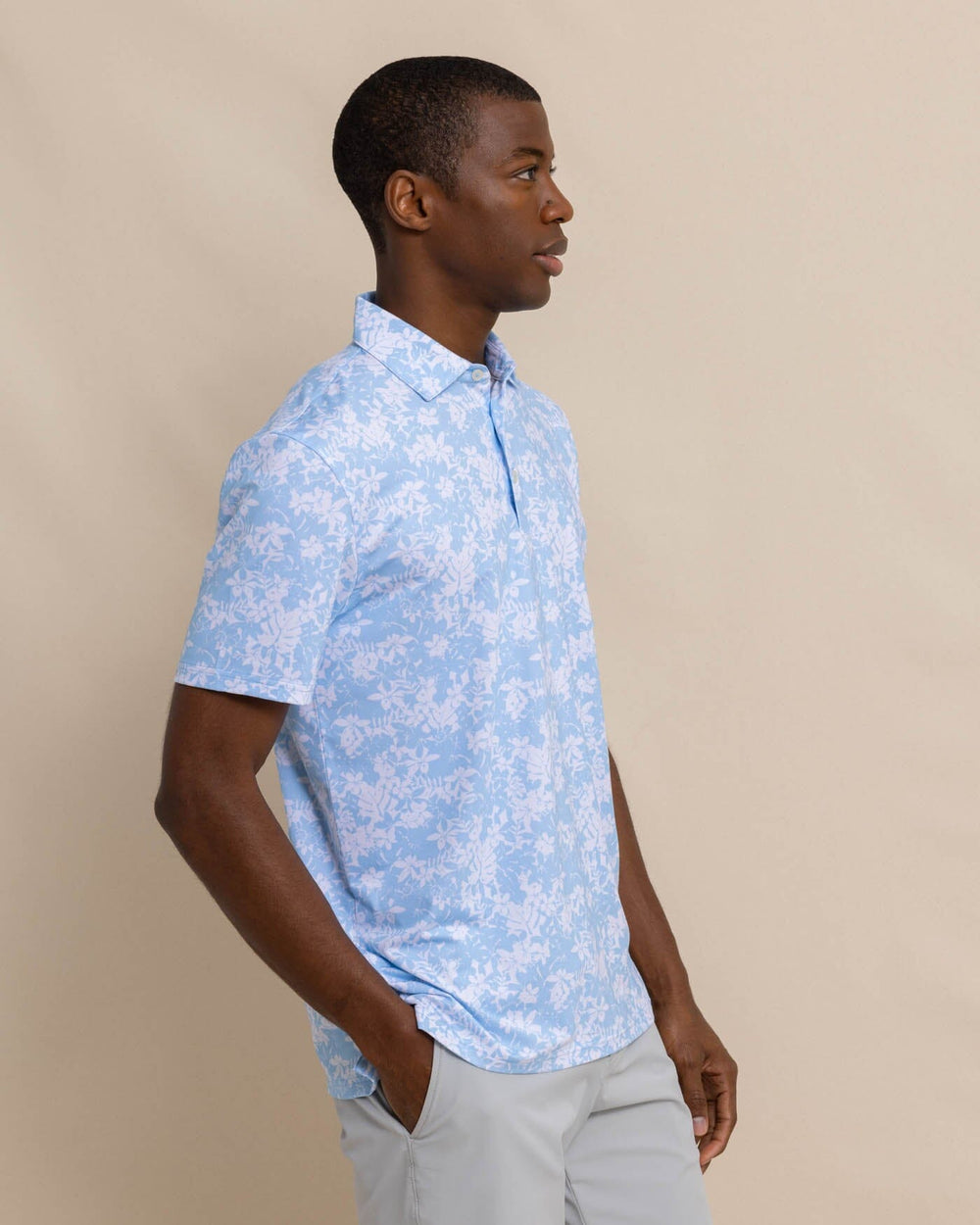 The front view of the Southern Tide Driver Island Blooms Printed Polo by Southern Tide - Clearwater Blue