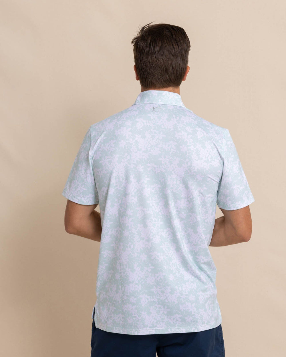 The back view of the Southern Tide Driver Island Blooms Printed Polo by Southern Tide - Surf Spray Sage