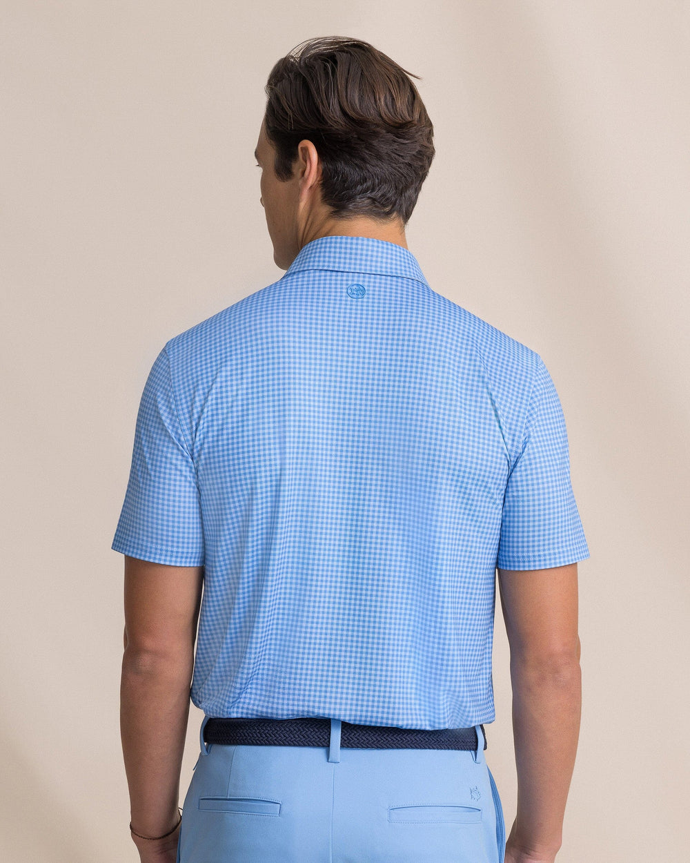 The back view of the Southern Tide Driver Island View Gingham Printed Polo by Southern Tide - Blue Stream