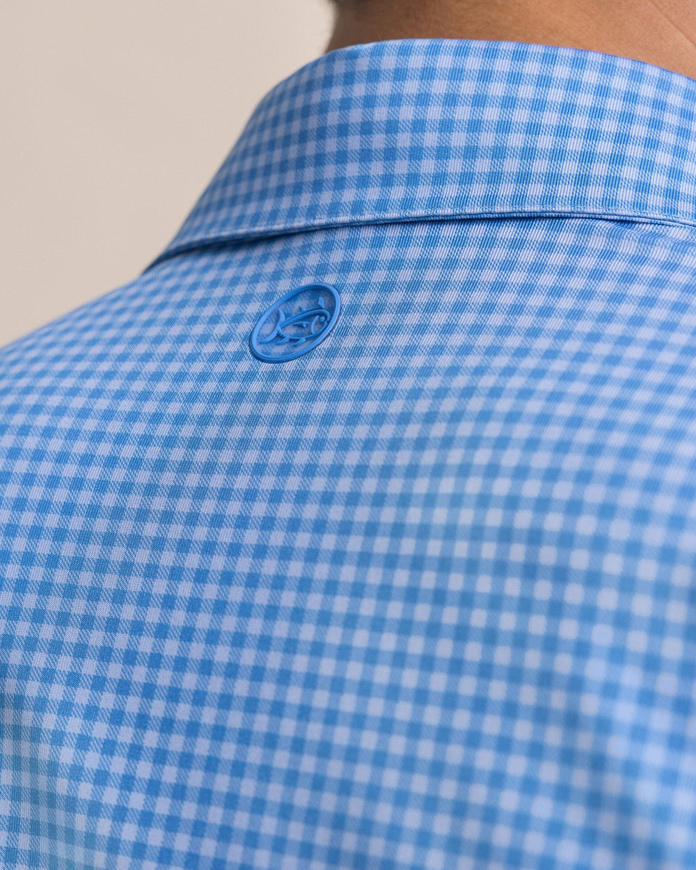 The detail view of the Southern Tide Driver Island View Gingham Printed Polo by Southern Tide - Blue Stream