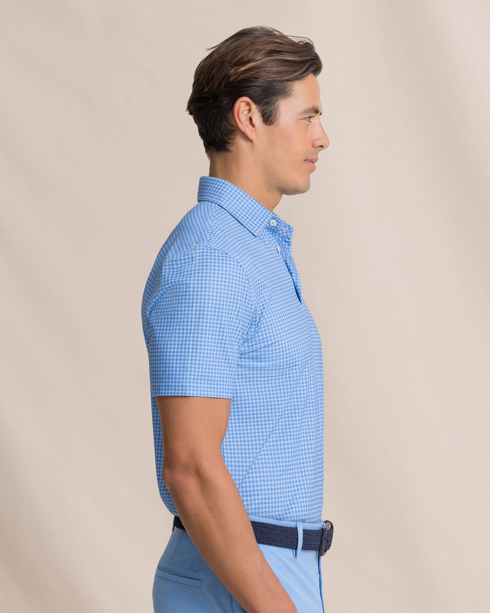 The side view of the Southern Tide Driver Island View Gingham Printed Polo by Southern Tide - Blue Stream