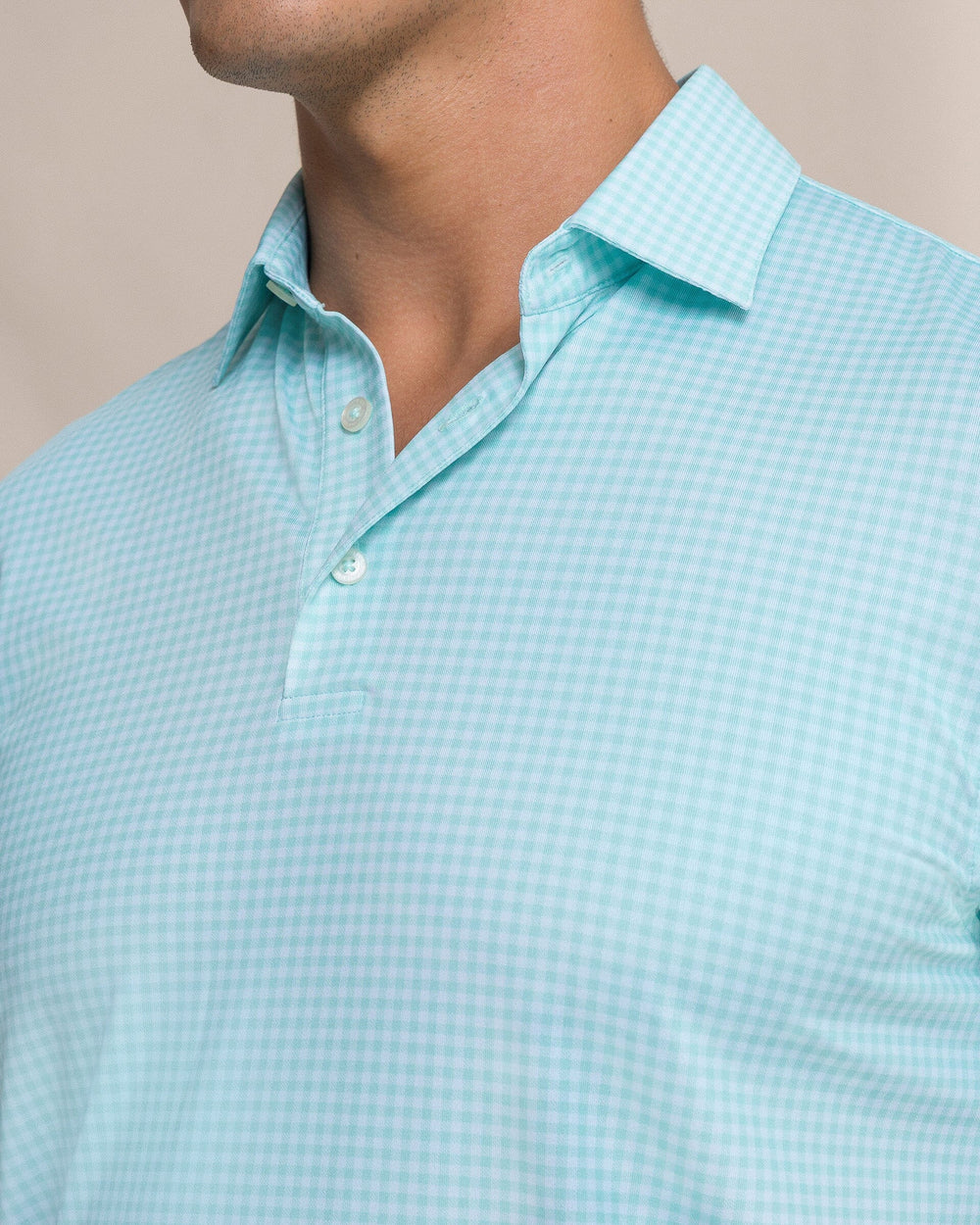 The detail view of the Southern Tide Driver Island View Gingham Printed Polo by Southern Tide - Florida Keys