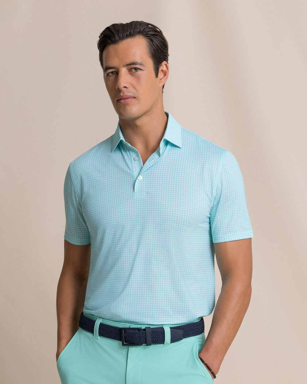 The front view of the Southern Tide Driver Island View Gingham Printed Polo by Southern Tide - Florida Keys
