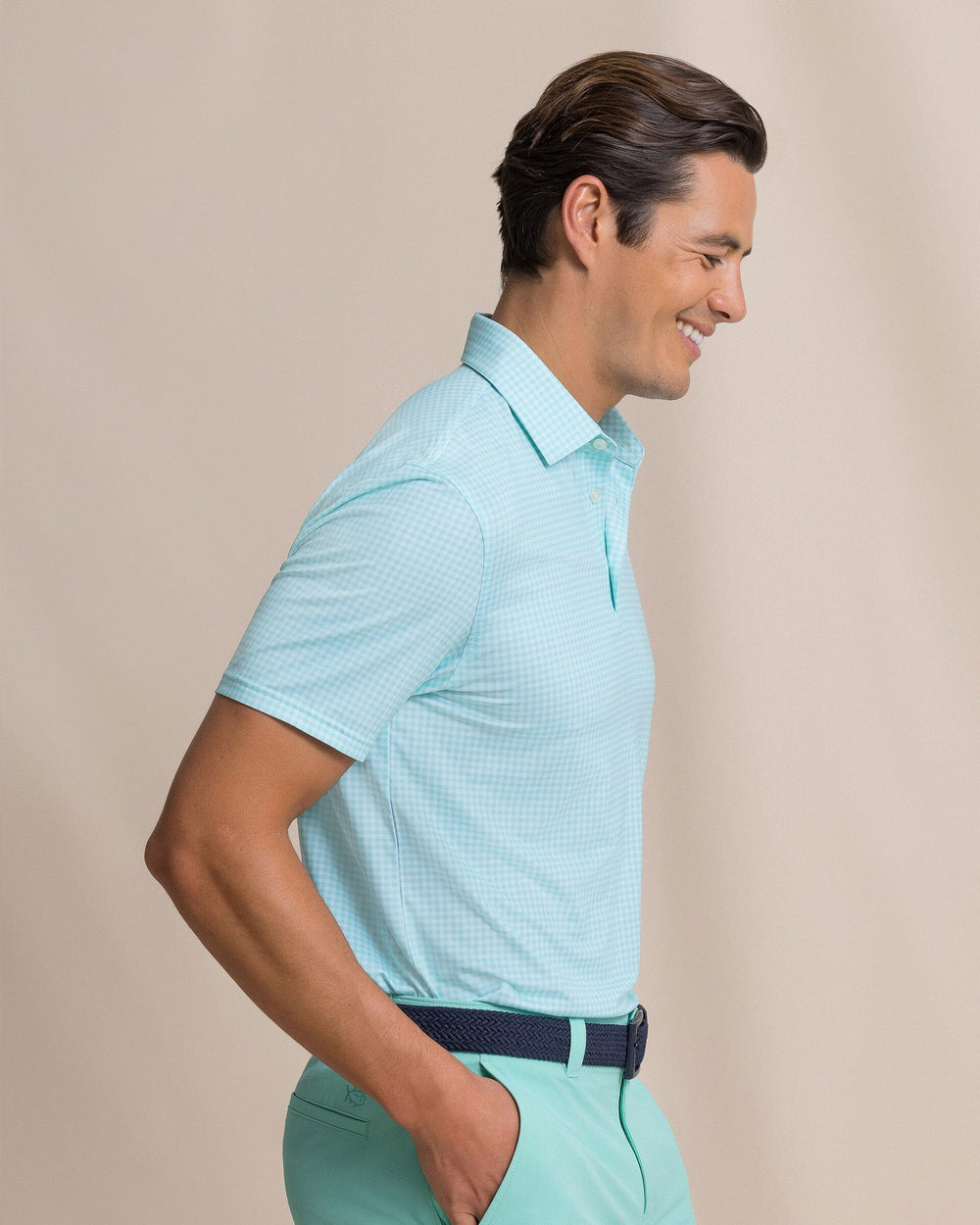 The side view of the Southern Tide Driver Island View Gingham Printed Polo by Southern Tide - Florida Keys