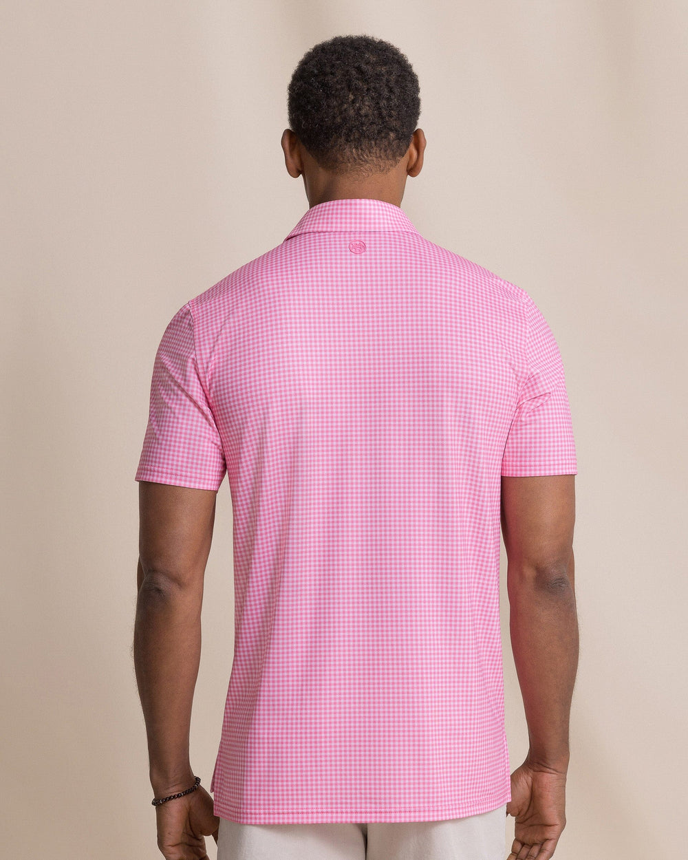 The back view of the Southern Tide Driver Island View Gingham Printed Polo by Southern Tide - Island Pink