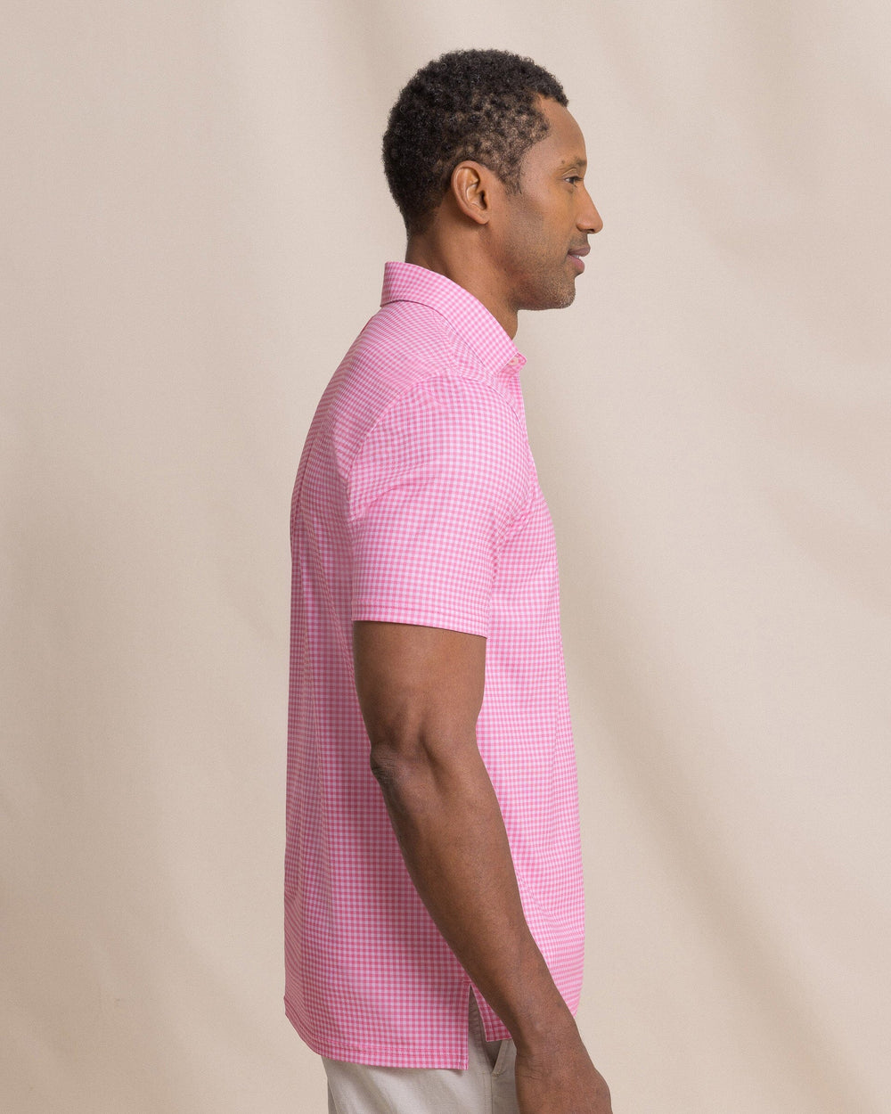 The side view of the Southern Tide Driver Island View Gingham Printed Polo by Southern Tide - Island Pink