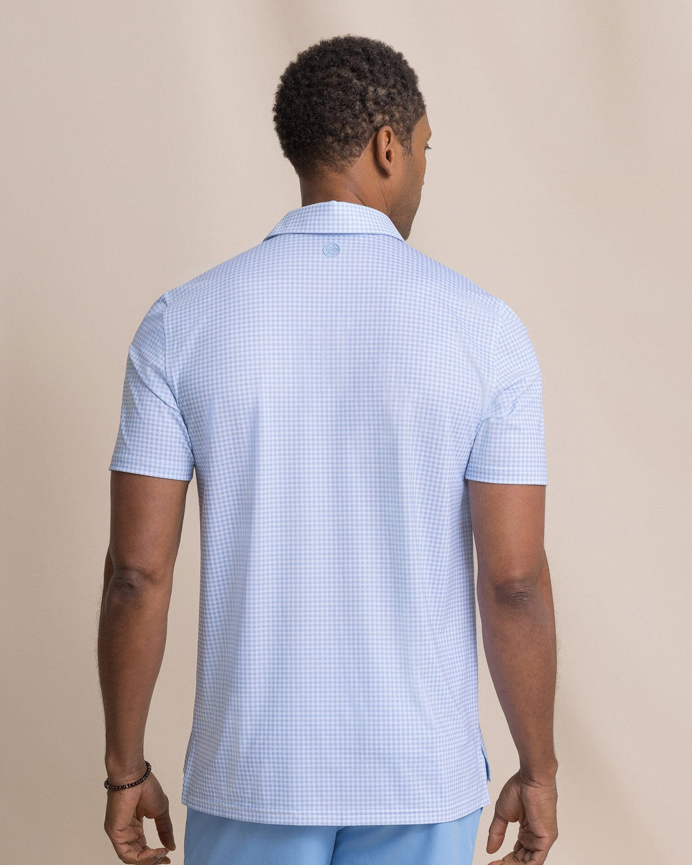 The back view of the Southern Tide Driver Island View Gingham Printed Polo by Southern Tide - Tide Blue
