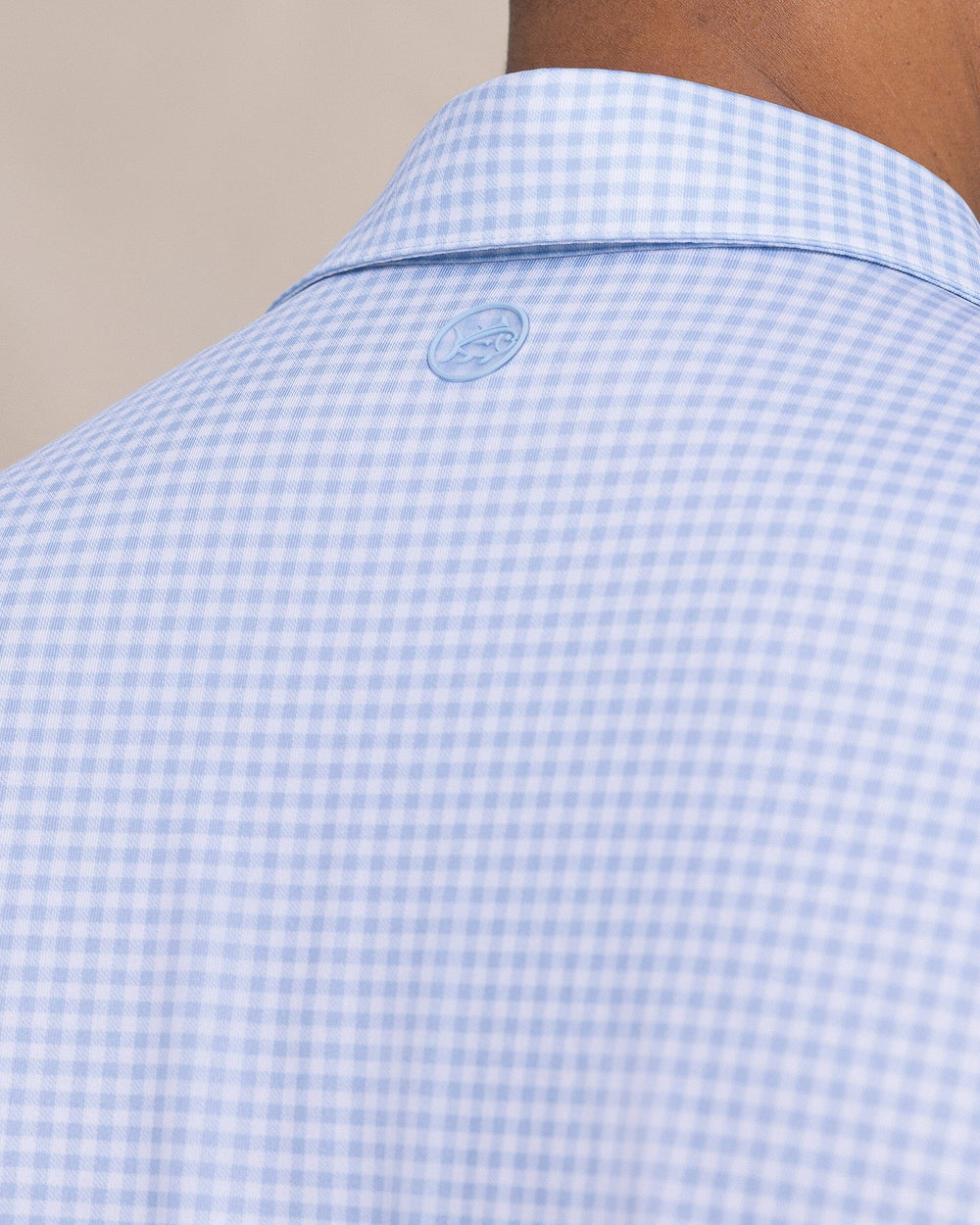 The detail view of the Southern Tide Driver Island View Gingham Printed Polo by Southern Tide - Tide Blue