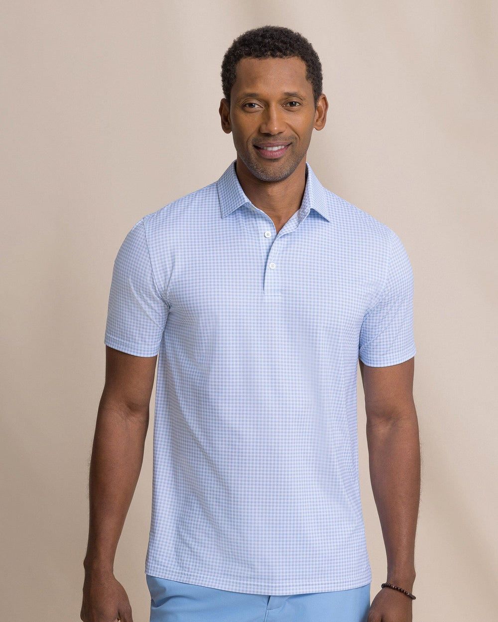 The front view of the Southern Tide Driver Island View Gingham Printed Polo by Southern Tide - Tide Blue