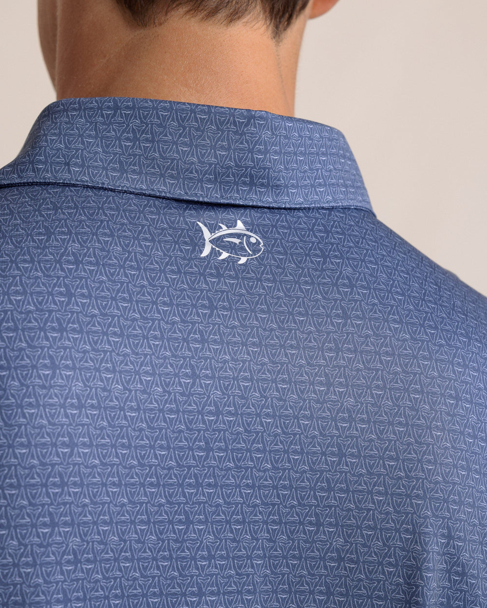 The back detail view of the Southern Tide Driver Jaw Breakers Polo by Southern Tide - Light Indigo