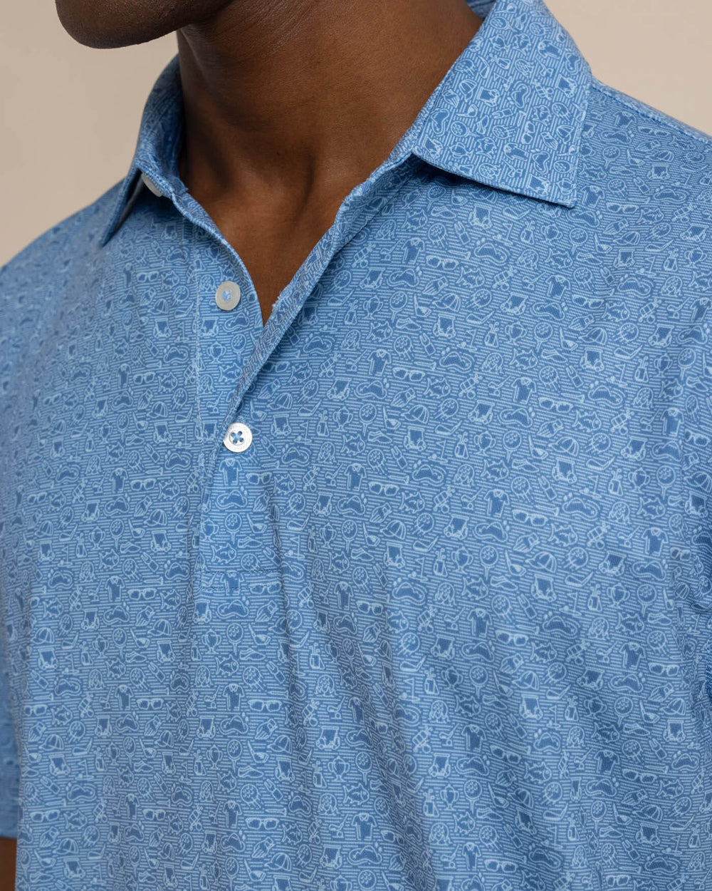 The detail view of the Southern Tide Driver Let's Go Clubbing Printed Polo by Southern Tide - Coronet Blue