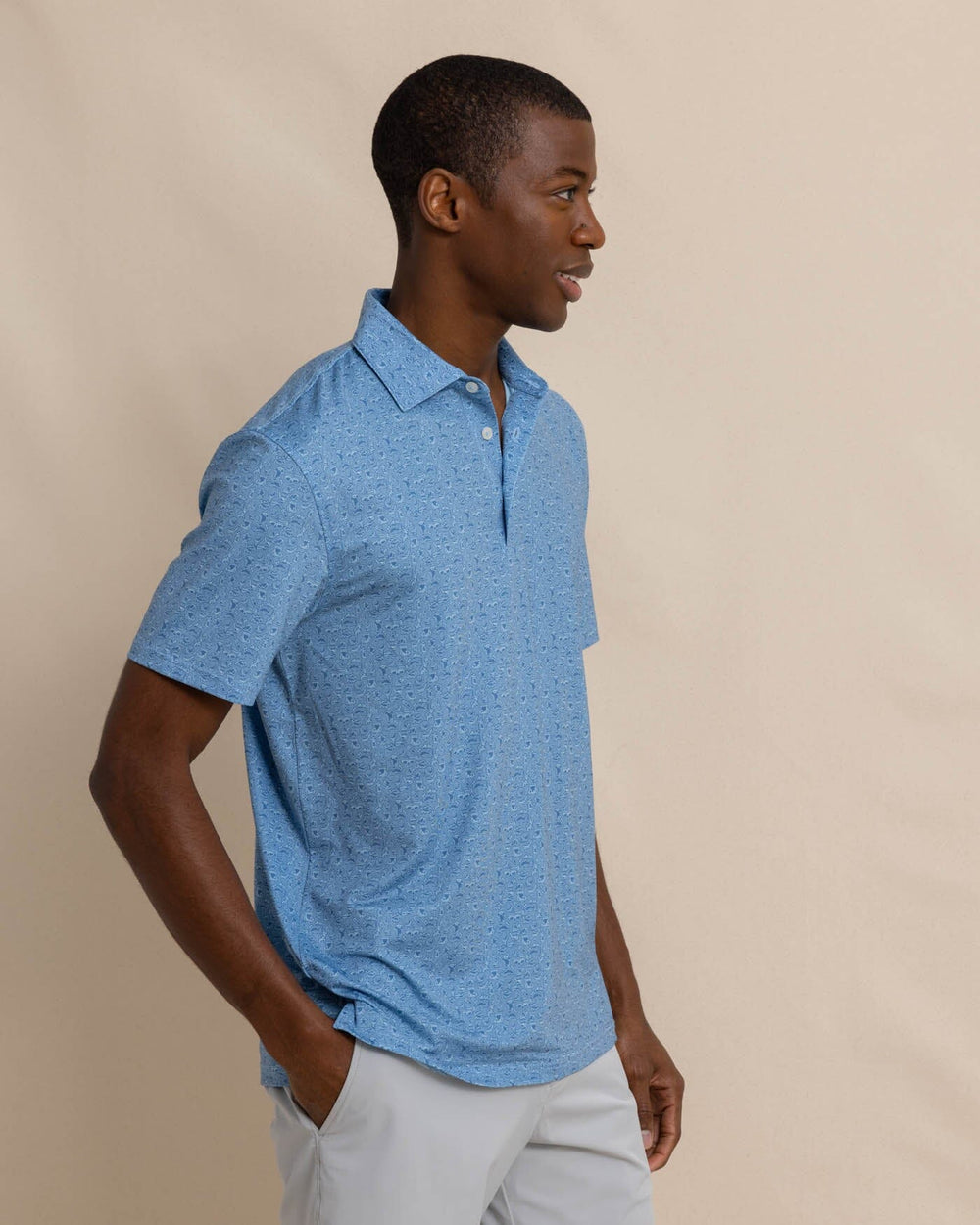 The front view of the Southern Tide Driver Let's Go Clubbing Printed Polo by Southern Tide - Coronet Blue