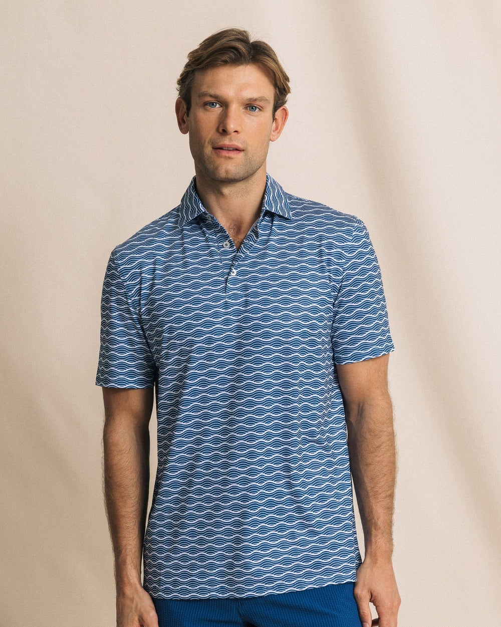 The front view of the Southern Tide Driver Ocean Echo Printed Polo by Southern Tide - Nautical Blue