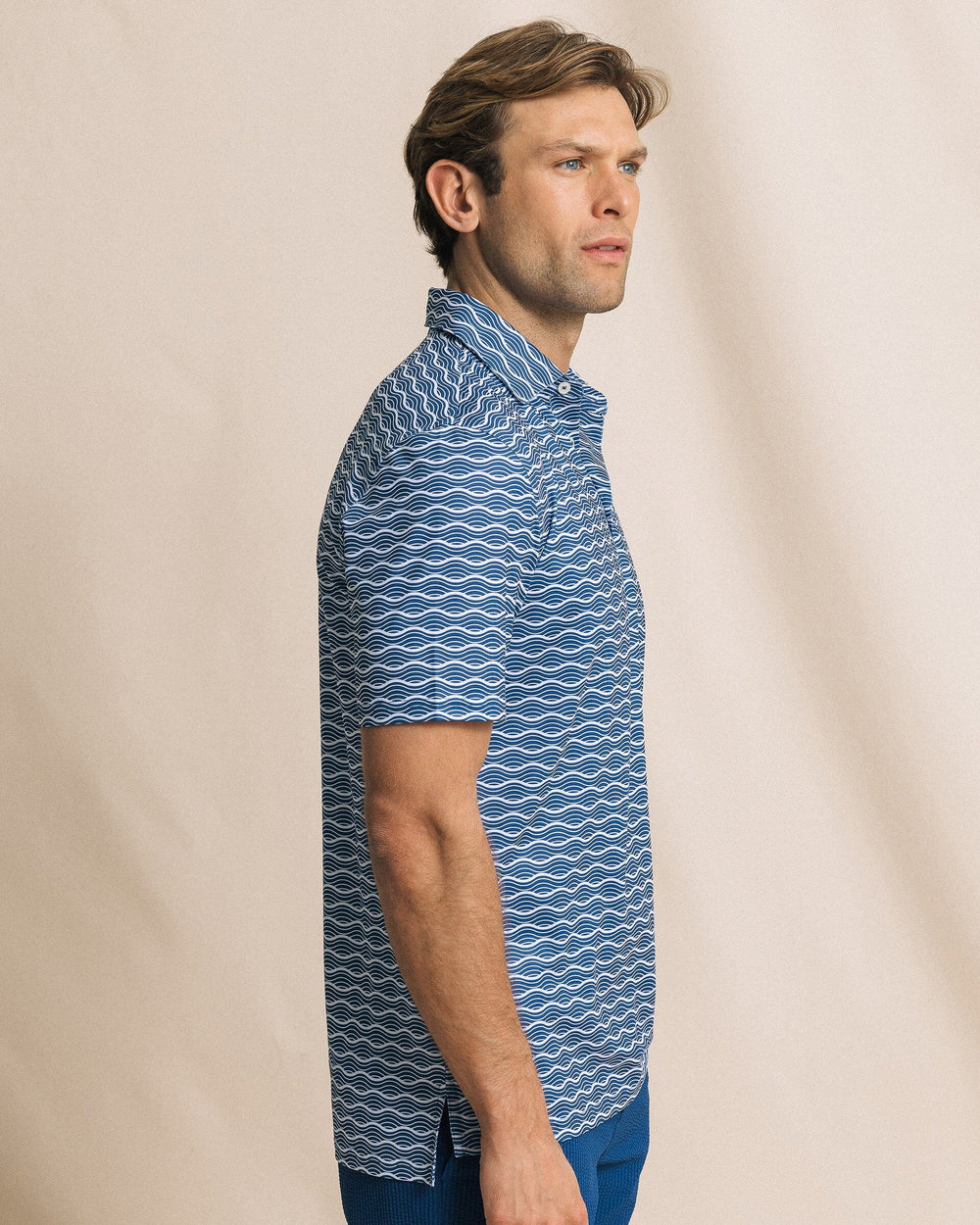 The side view of the Southern Tide Driver Ocean Echo Printed Polo by Southern Tide - Nautical Blue