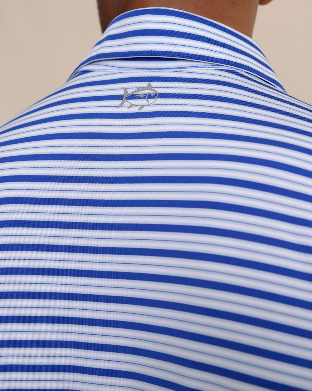 The detail view of the Southern Tide Driver Ocean Hill Stripe Polo by Southern Tide - Surf Blue