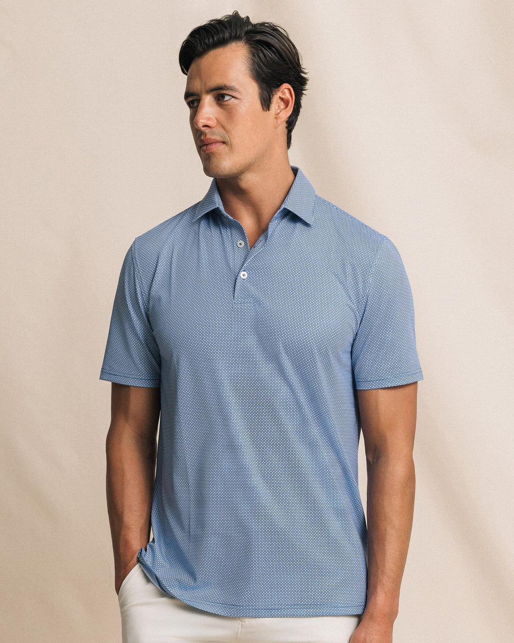 The front view of the Southern Tide Driver Ocean Vista Printed Polo by Southern Tide - Nautical Blue