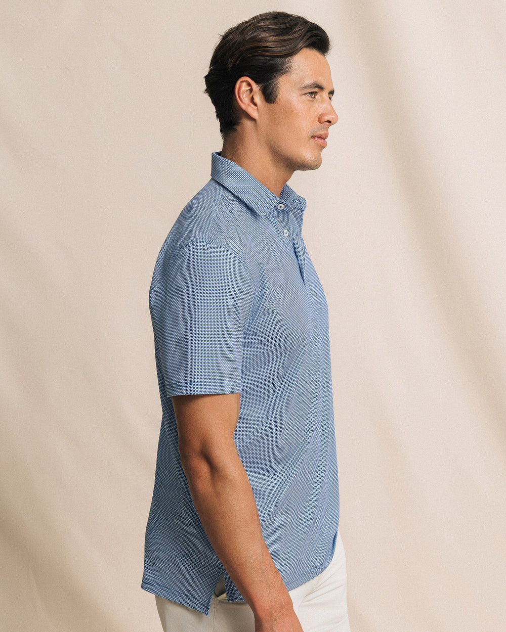 The side view of the Southern Tide Driver Ocean Vista Printed Polo by Southern Tide - Nautical Blue
