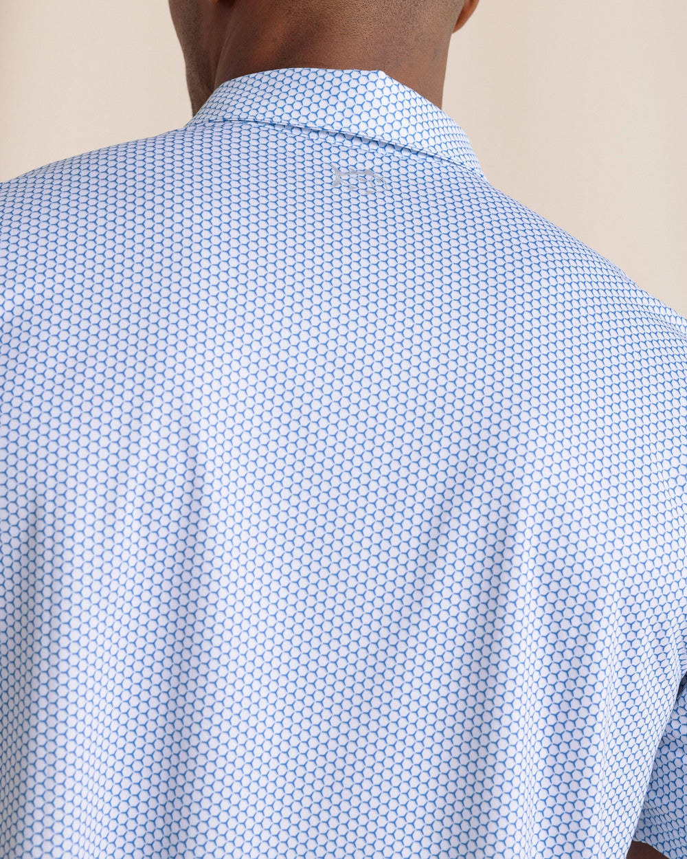 The back detail view of the Southern Tide Driver On The Ball Printed Polo by Southern Tide - Blue Lolite