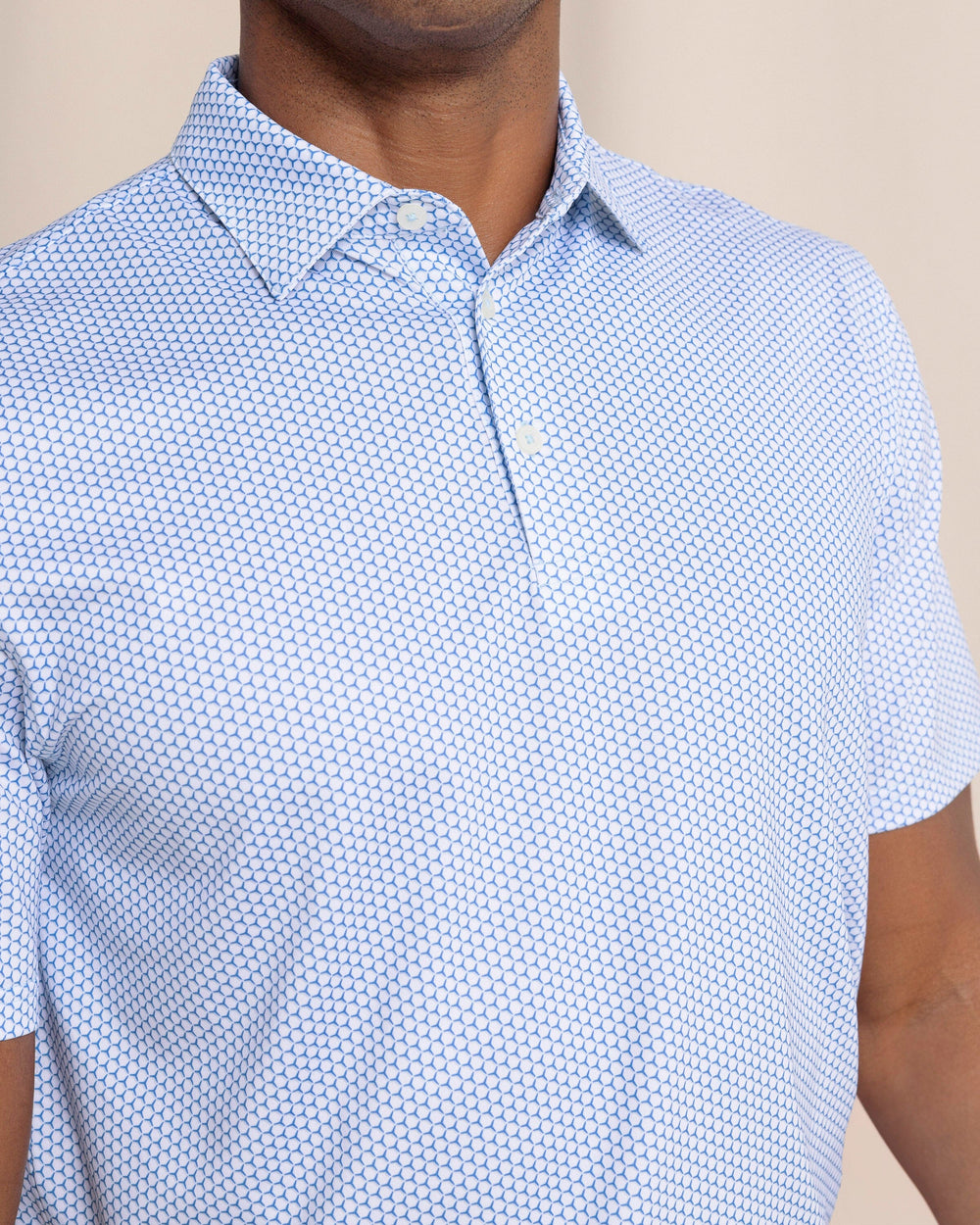 The front detail view of the Southern Tide Driver On The Ball Printed Polo by Southern Tide - Blue Lolite