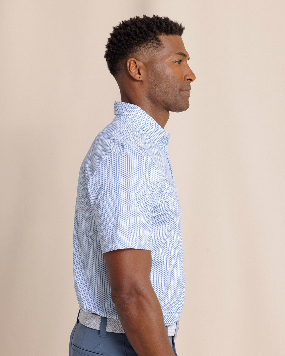 The side view of the Southern Tide Driver On The Ball Printed Polo by Southern Tide - Blue Lolite