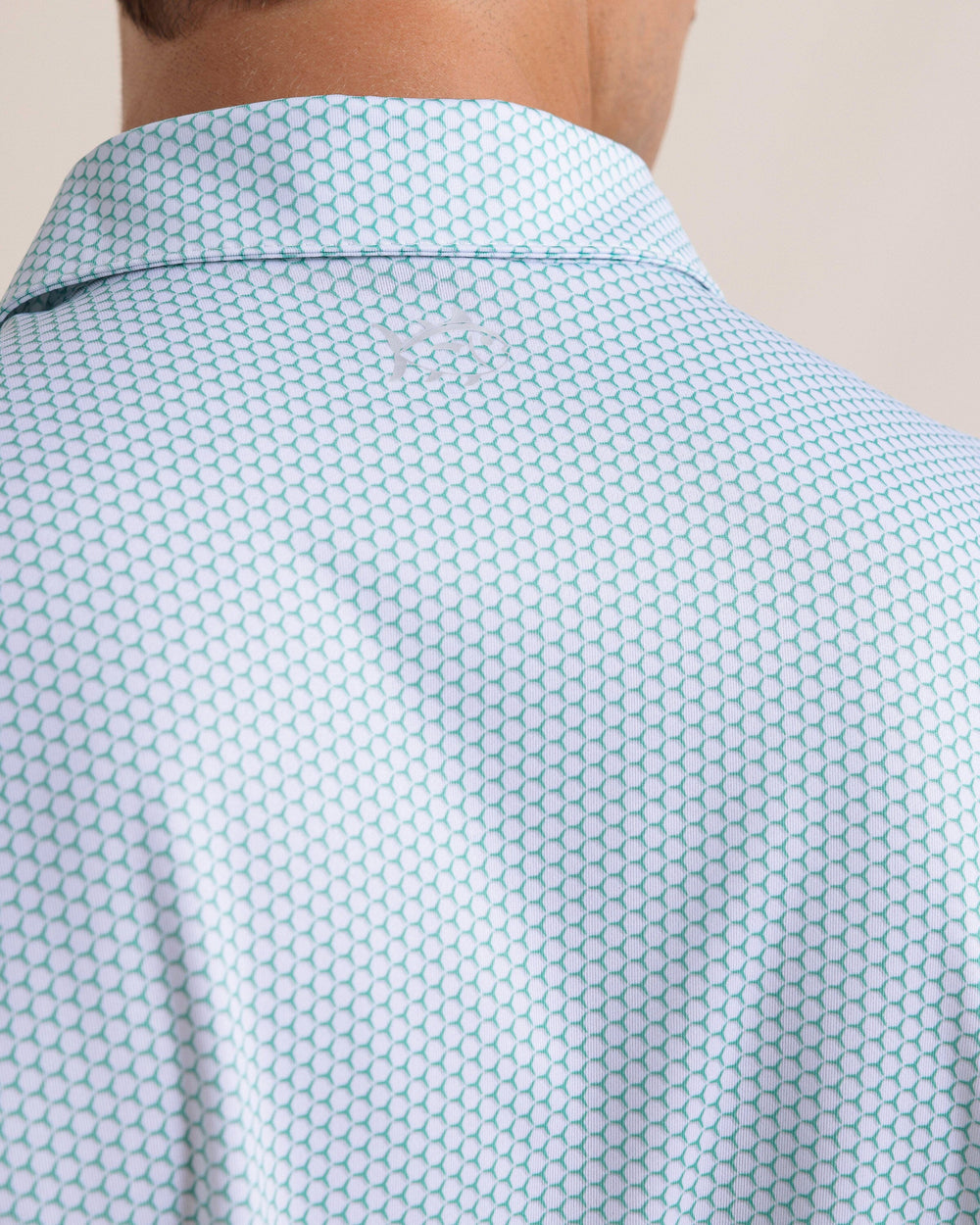 The back detail view of the Southern Tide Driver On The Ball Printed Polo by Southern Tide - Simply Green