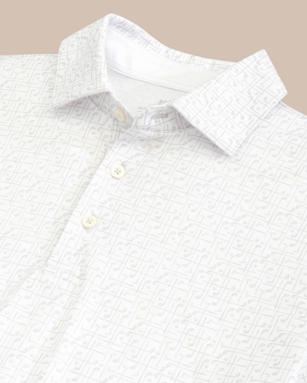 The detail view of the Southern Tide Driver Over Clubbing Print Performance Polo Shirt by Southern Tide - Classic White