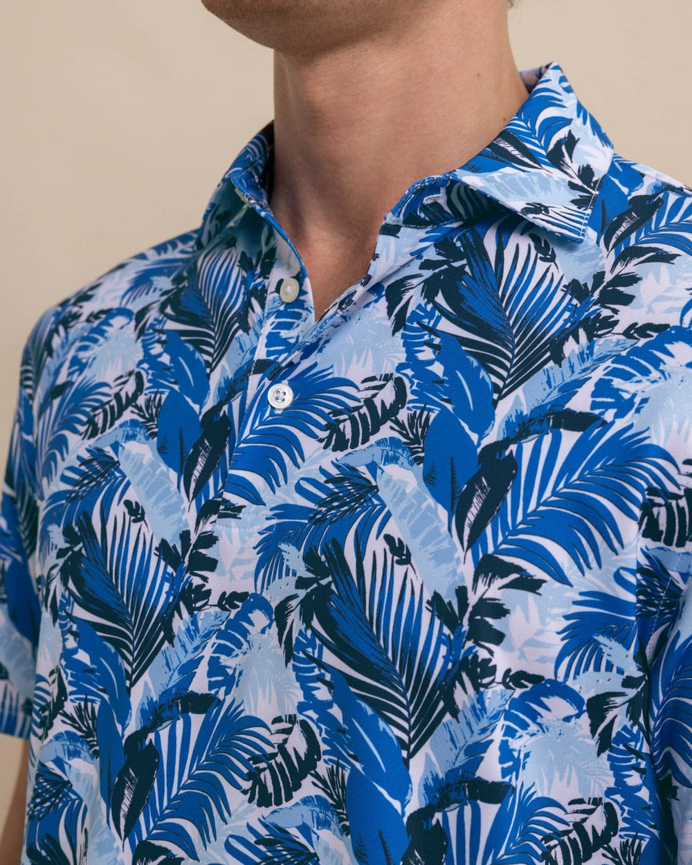 The detail view of the Southern Tide Driver Paradise Palms Polo Shirt by Southern Tide - Classic White