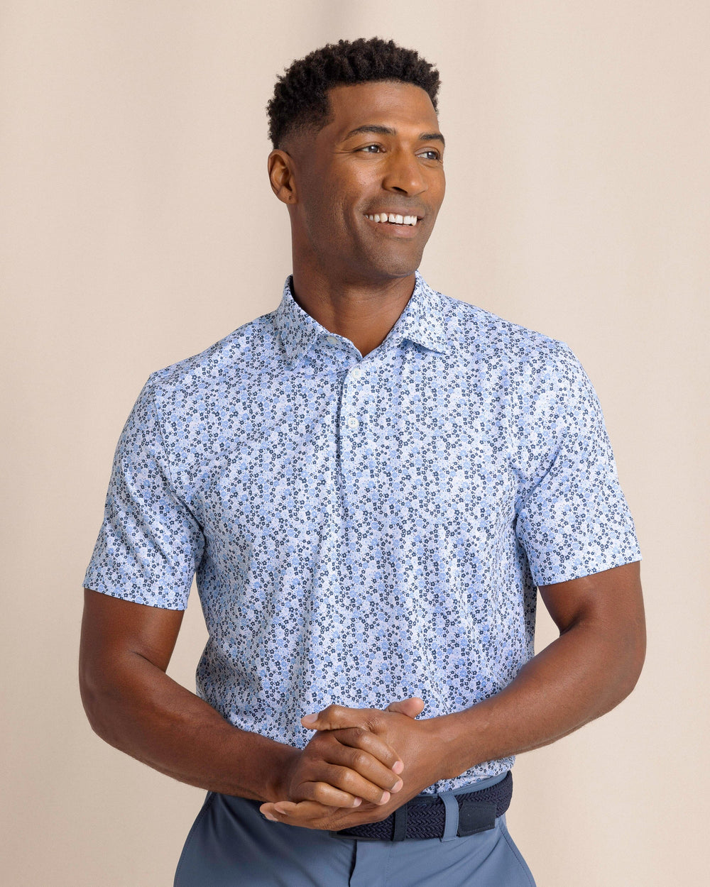 The front view of the Southern Tide Driver Petal Party Printed Polo by Southern Tide - Classic White