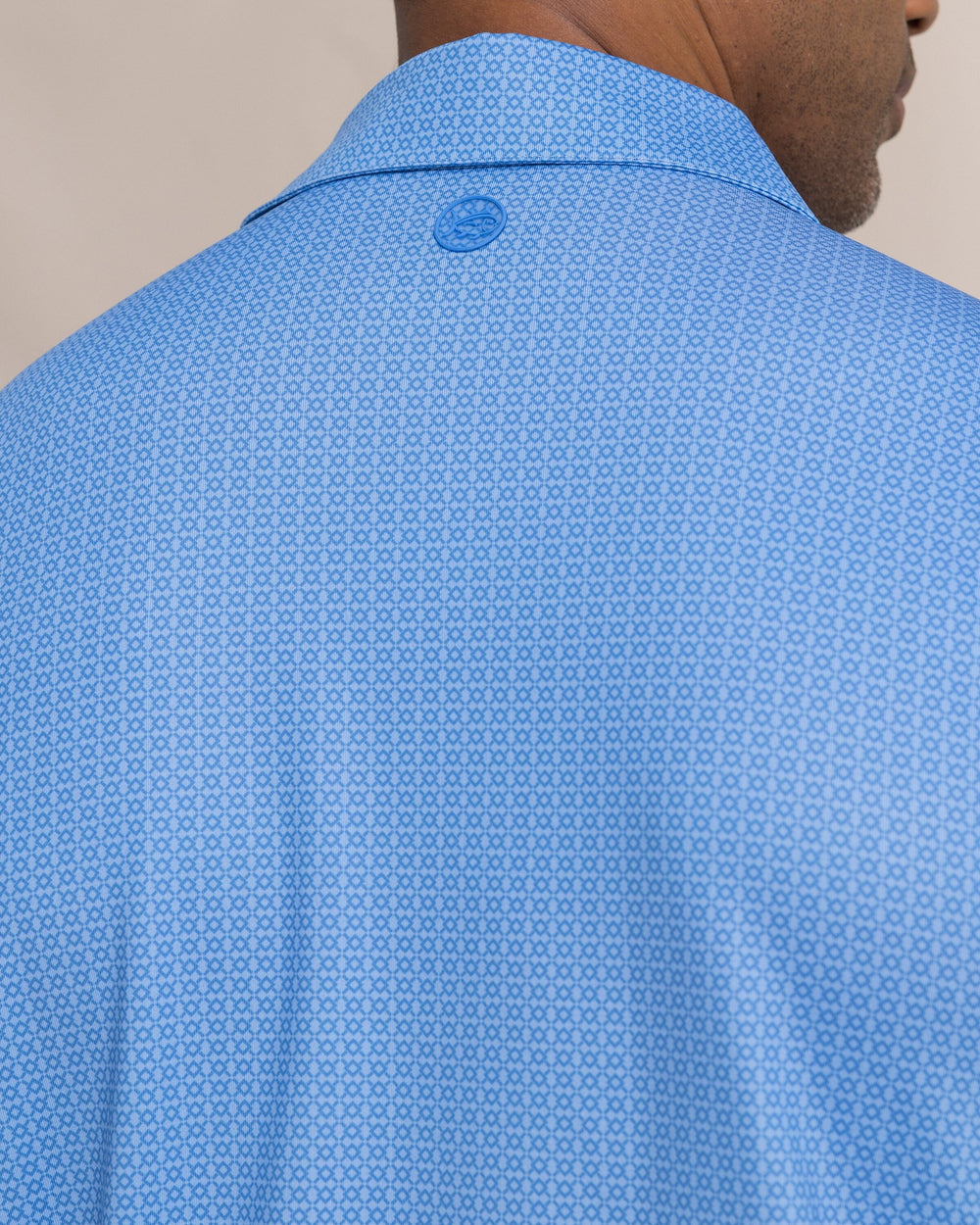 The detail view of the Southern Tide Driver Seaside Geo Printed Polo by Southern Tide - Blue Stream