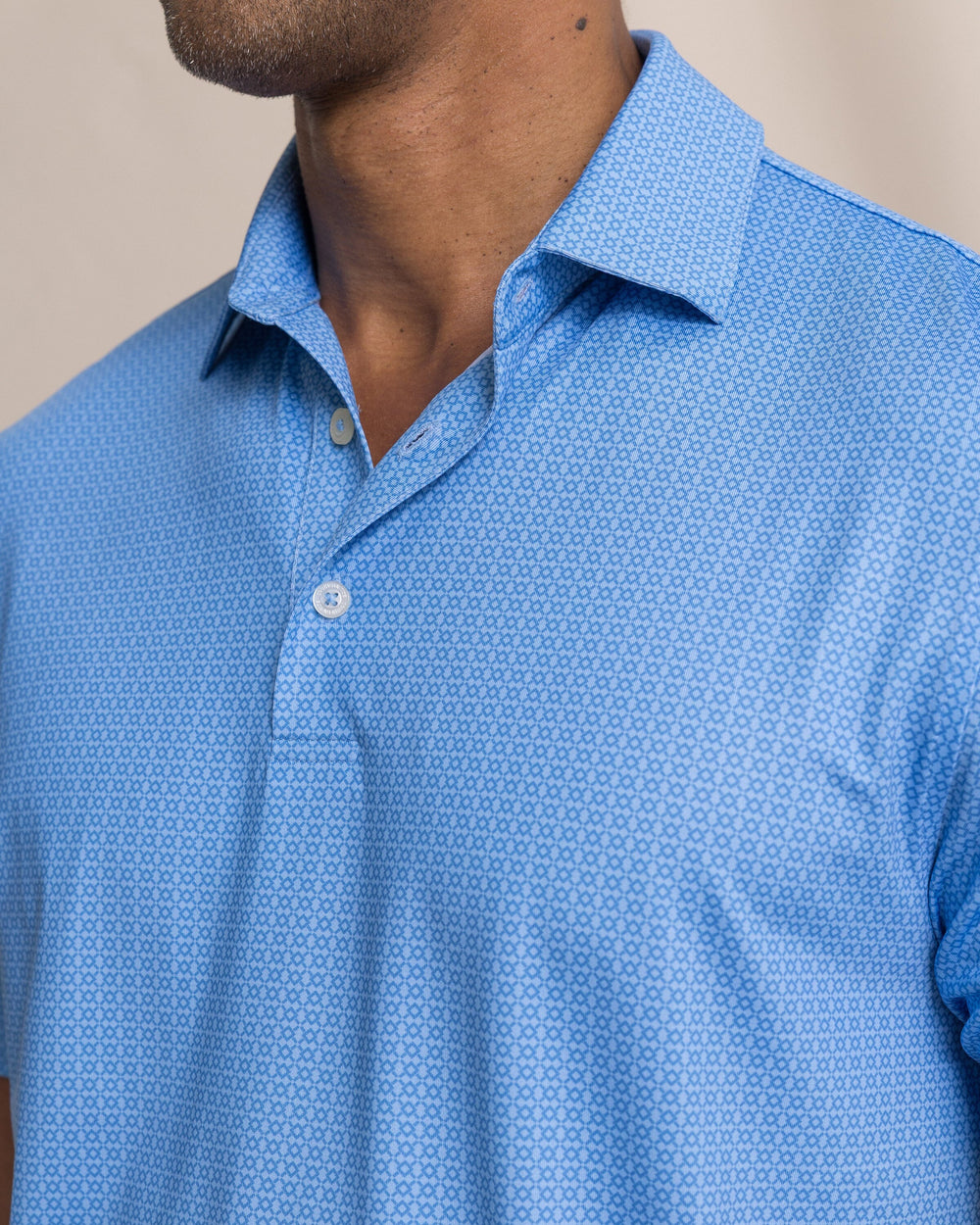 The detail view of the Southern Tide Driver Seaside Geo Printed Polo by Southern Tide - Blue Stream