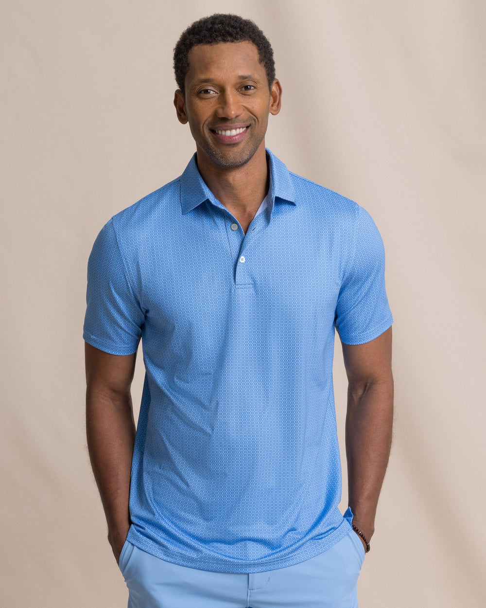 The front view of the Southern Tide Driver Seaside Geo Printed Polo by Southern Tide - Blue Stream