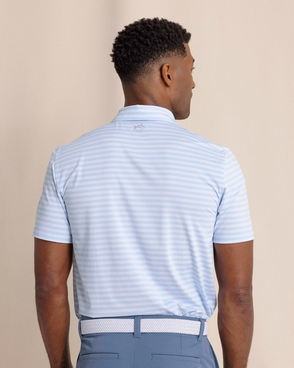 The back view of the Southern Tide Driver Sevilla Stripe Polo by Southern Tide - Cerulean