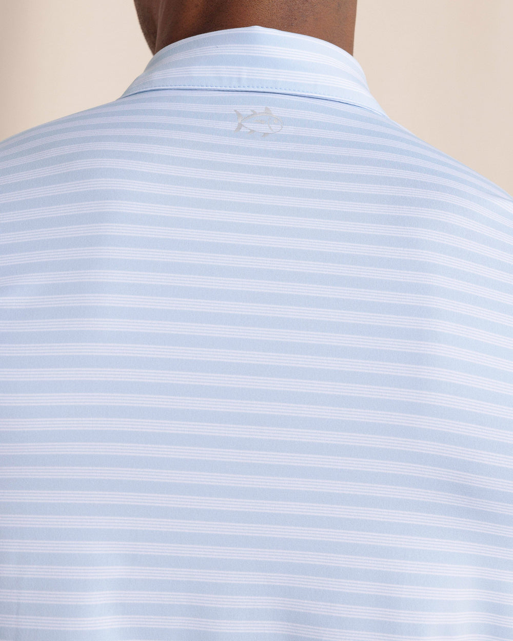 The back detail view of the Southern Tide Driver Sevilla Stripe Polo by Southern Tide - Cerulean