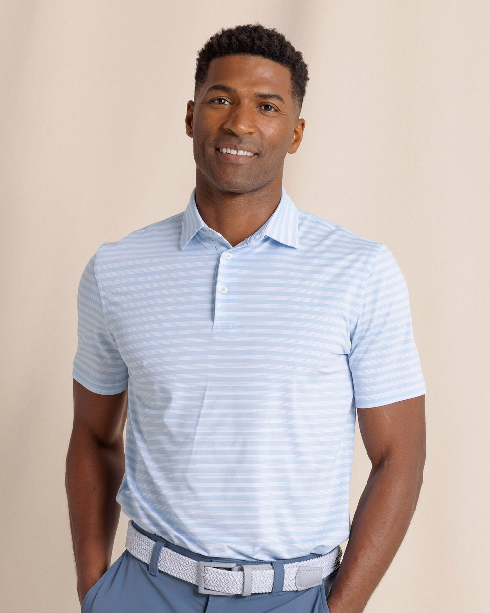 The front view of the Southern Tide Driver Sevilla Stripe Polo by Southern Tide - Cerulean