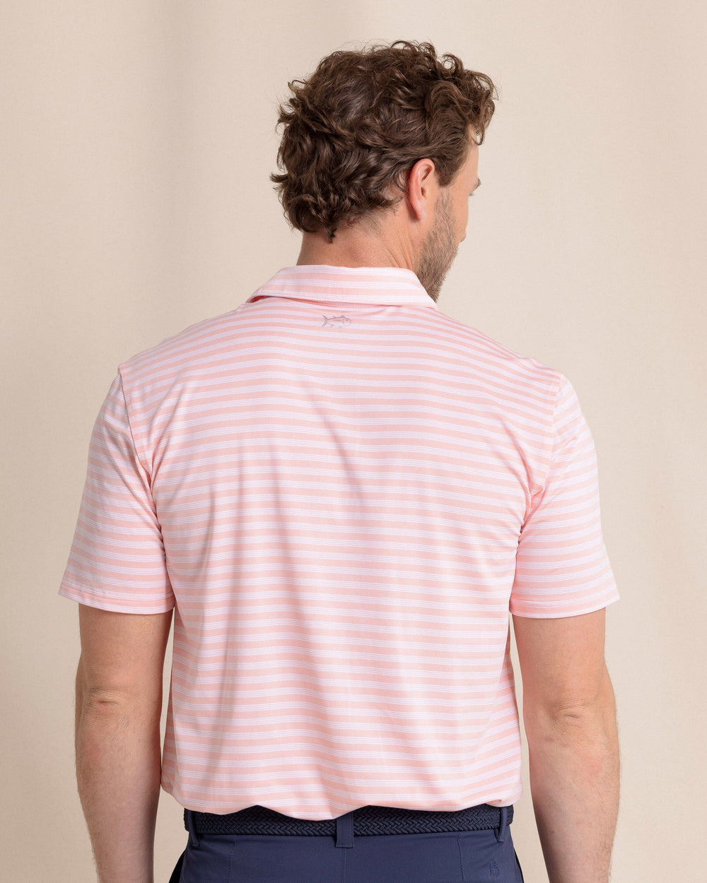 The back view of the Southern Tide Driver Sevilla Stripe Polo by Southern Tide - Petal Pink