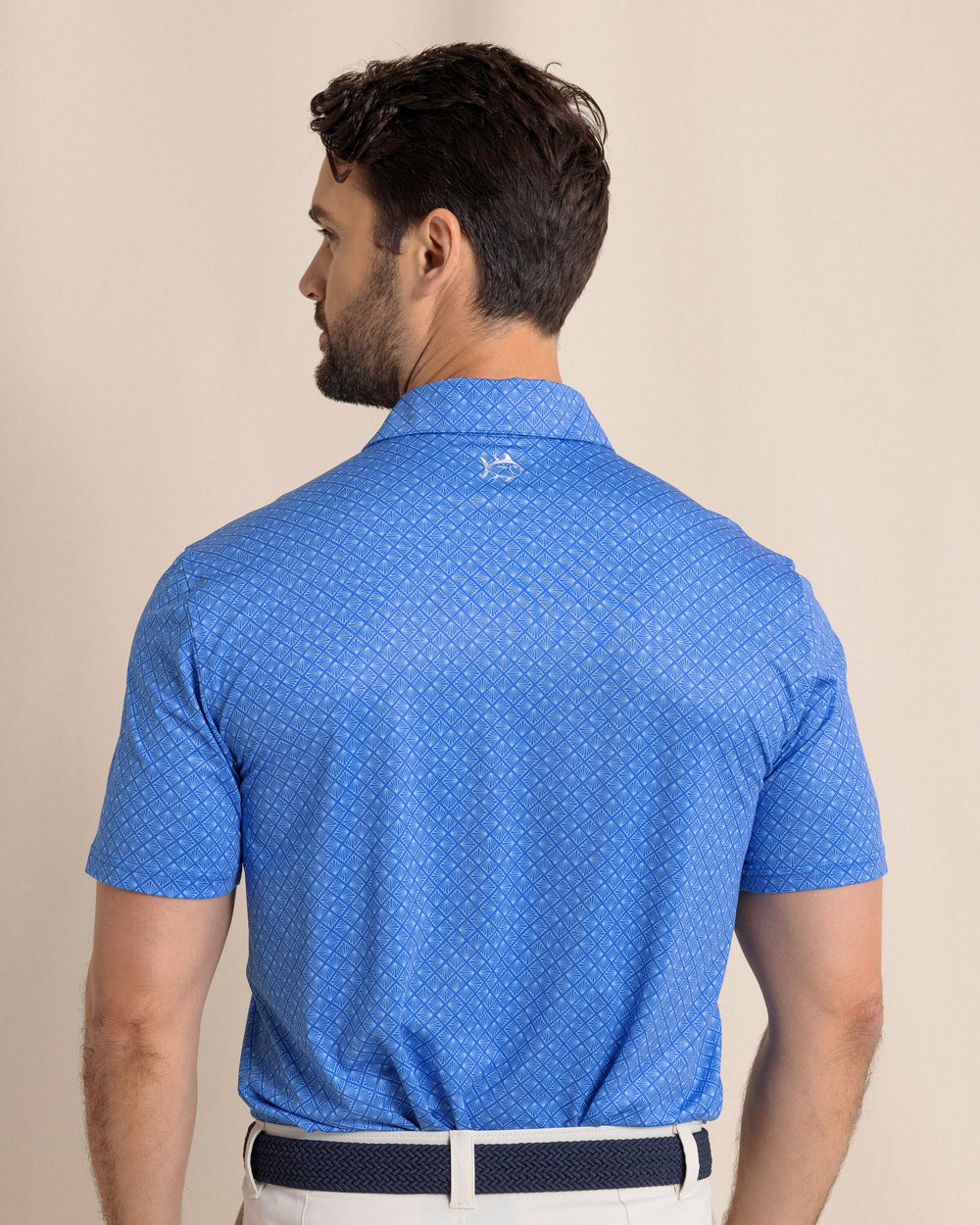 The back view of the Southern Tide Driver Snazzy Scales Printed Polo by Southern Tide - Dazzling Blue