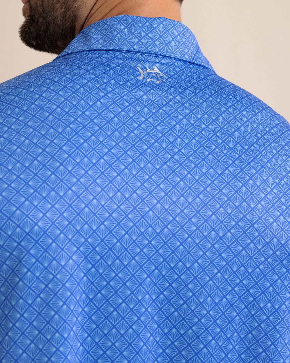 The back detail view of the Southern Tide Driver Snazzy Scales Printed Polo by Southern Tide - Dazzling Blue