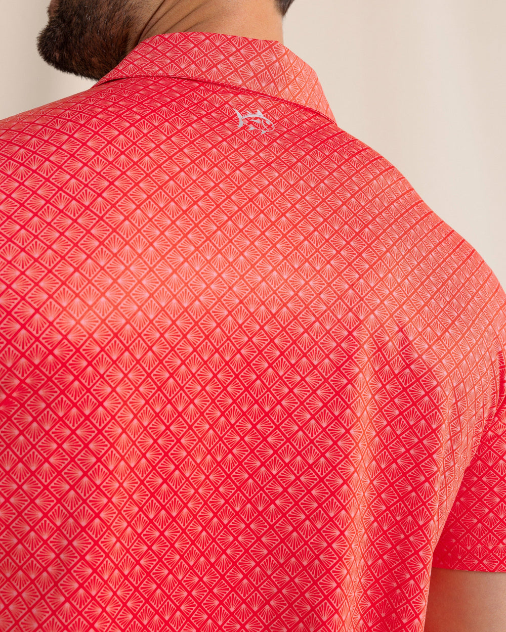 The back detail view of the Southern Tide Driver Snazzy Scales Printed Polo by Southern Tide - Poppy Red
