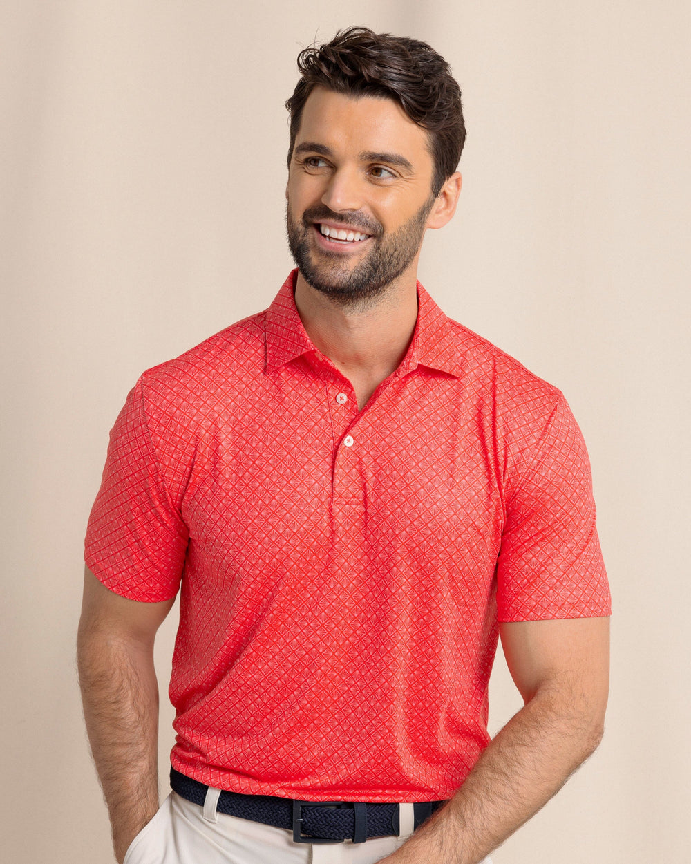 The front view of the Southern Tide Driver Snazzy Scales Printed Polo by Southern Tide - Poppy Red