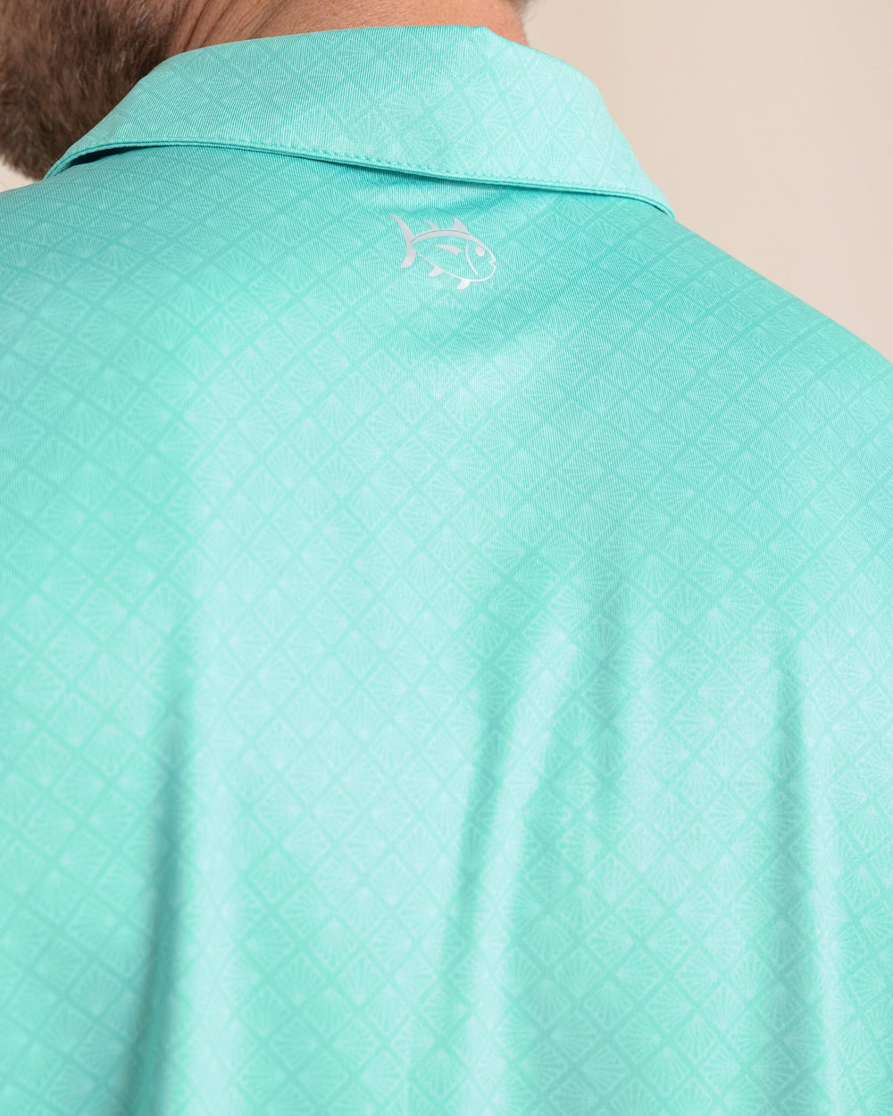 The back detail view of the Southern Tide Driver Snazzy Scales Printed Polo by Southern Tide - Turtle Green