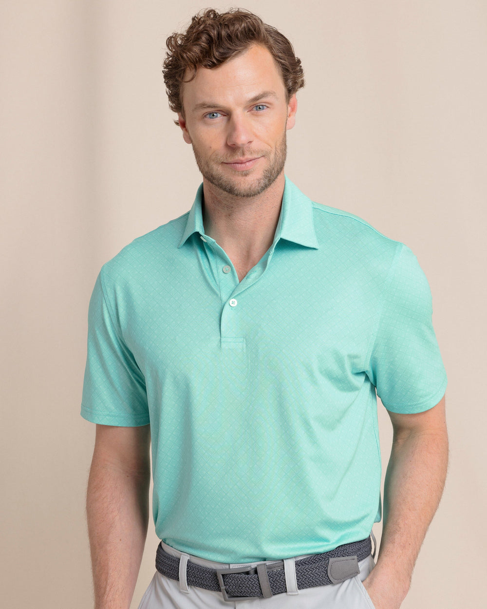 The front view of the Southern Tide Driver Snazzy Scales Printed Polo by Southern Tide - Turtle Green