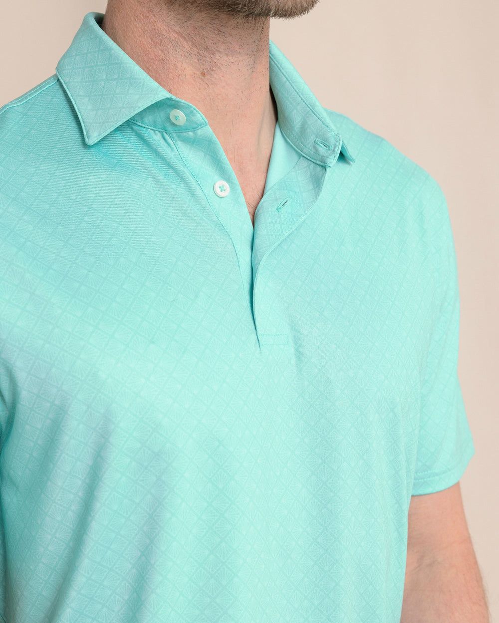The front detail view of the Southern Tide Driver Snazzy Scales Printed Polo by Southern Tide - Turtle Green