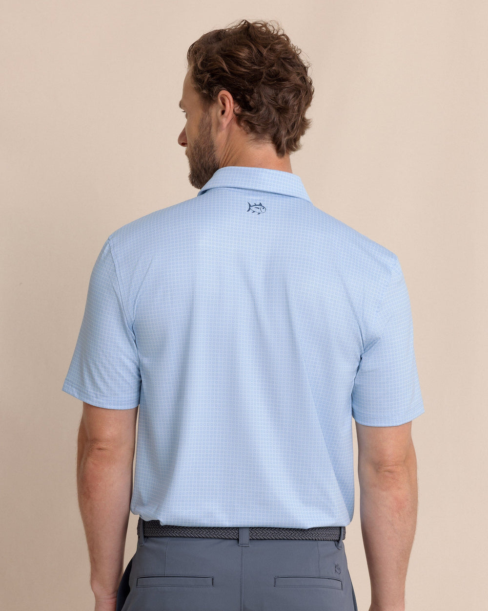 The back view of the Southern Tide Driver Spring Geo Printed Polo by Southern Tide - Cerulean
