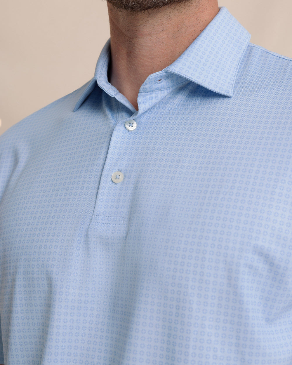 The detail view of the Southern Tide Driver Spring Geo Printed Polo by Southern Tide - Cerulean