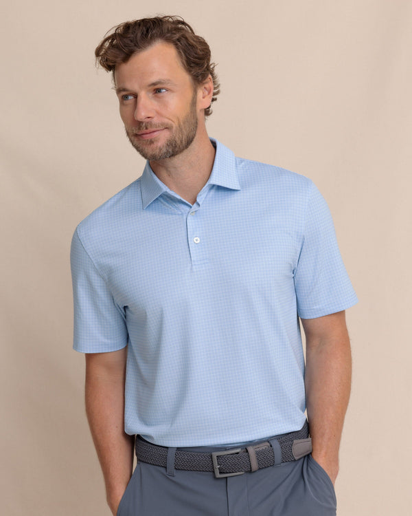 The front view of the Southern Tide Driver Spring Geo Printed Polo by Southern Tide - Cerulean